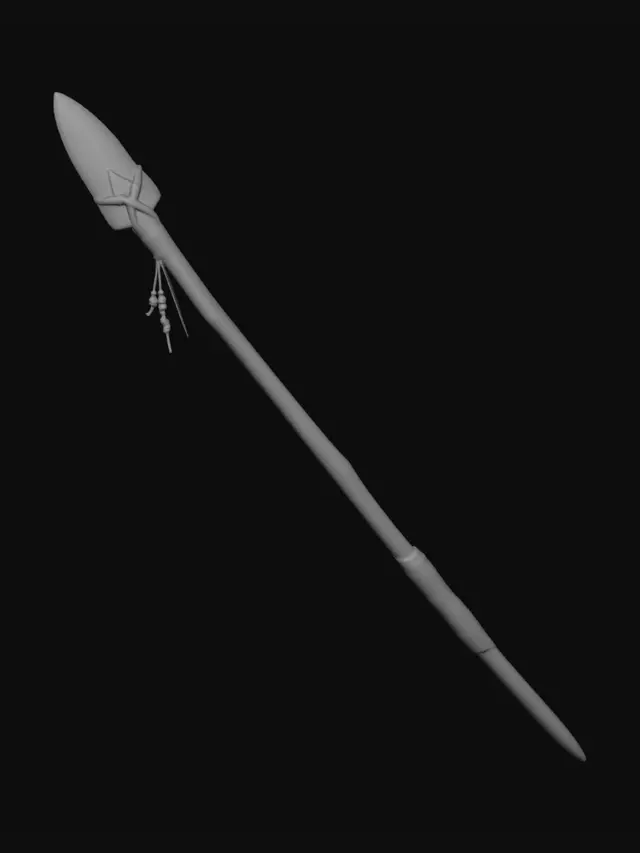 3D model for make the metal band on the handle to be made of hide wrapping for grip. give the stick a more organic shape but still straight. The overall structure suggests both efficiency and reliable lethality for tracking and felling prey in the Pleistocene environment. make the background white.
