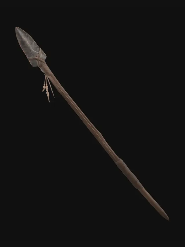 3D model for make the metal band on the handle to be made of hide wrapping for grip. give the stick a more organic shape but still straight. The overall structure suggests both efficiency and reliable lethality for tracking and felling prey in the Pleistocene environment. make the background white.