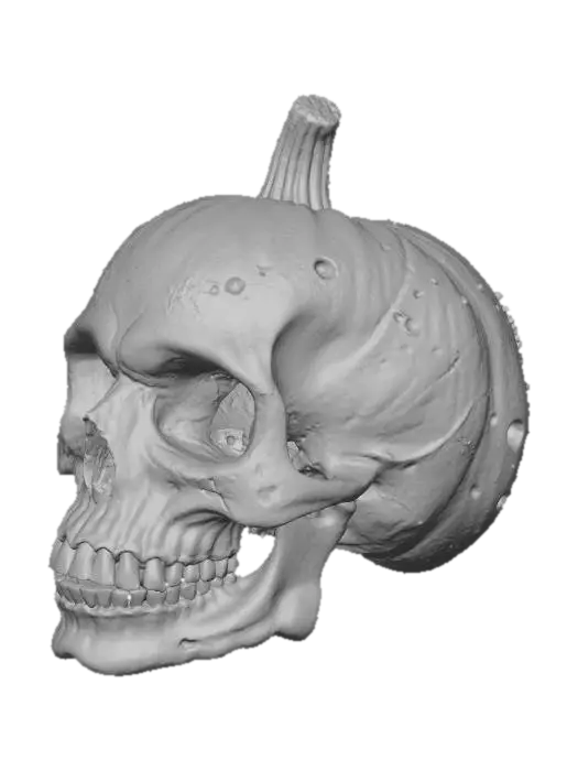 3D model for The image shows a creatively carved pumpkin resembling a human skull. The pumpkin's surface is detailed with holes and textures to mimic the features of a skull, including the eye sockets, nose, and teeth. The pumpkin has a green stem at the top.