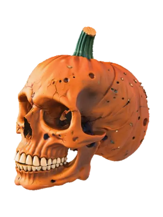 3D model for The image shows a creatively carved pumpkin resembling a human skull. The pumpkin's surface is detailed with holes and textures to mimic the features of a skull, including the eye sockets, nose, and teeth. The pumpkin has a green stem at the top.