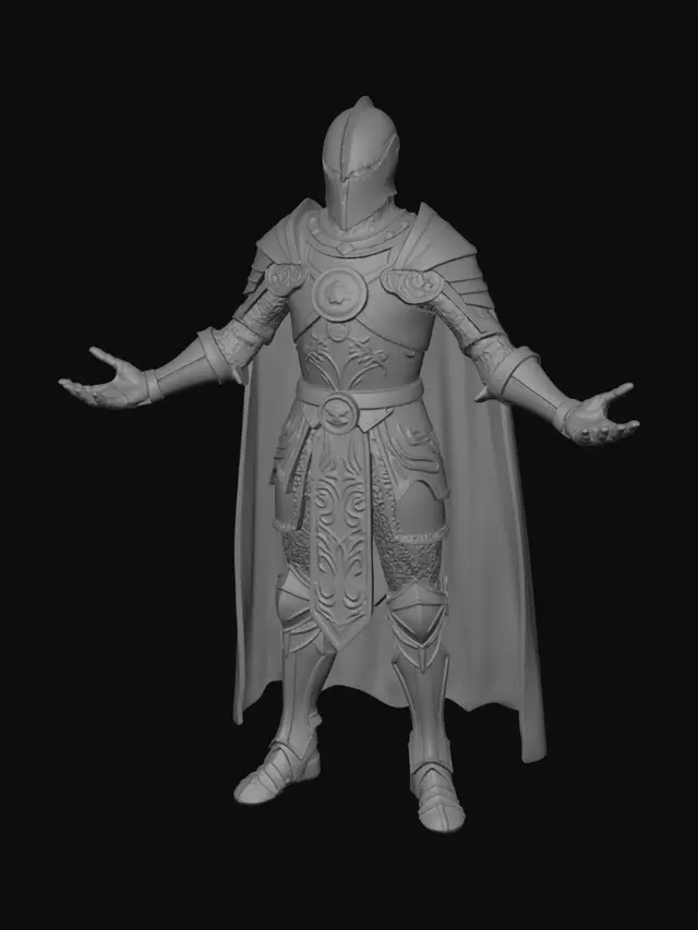3D model for fantasy knight, wearing a tattered cloak with a hood, iron armor