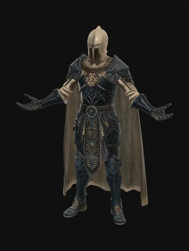 3D model for fantasy knight, wearing a tattered cloak with a hood, iron armor