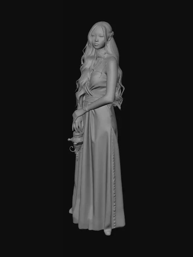 3D model for Style

Dark fantasy gothic
Elegant aristocratic/vampiric aesthetic
Realistic proportions
Pale complexion
Heart-shaped face
Soft jawline
Full lips
Slightly narrow nose
Large almond-shaped eyes
Heavy eyelashes
Relaxed, confident expression

Hair

Very long black hair
Slightly wavy
Center-parted
Loose strands framing face
Length: waist to hip
Gray-brown or hazel
Slightly sleepy appearance
Subtle eyeliner
Tall feminine build
Narrow waist
Curvy silhouette
Relaxed posture
Light ivory dress
Thin shoulder straps
Draped fabric
Gothic jewelry
Black lace choker
Dark pendant necklace
Gothic earrings
Black lace neckpiece
Dark fantasy tattoos/vine motifs on arms
Hair: semi-gloss
Skin: soft subsurface scattering
Dress: satin/silk material
Jewelry: dark silver
lots of color not statues