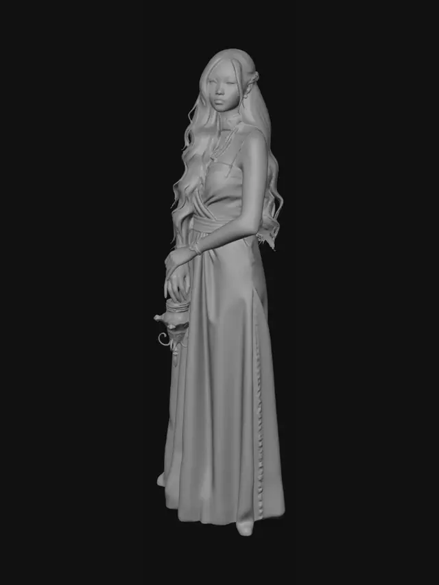 3D model for Style

Dark fantasy gothic
Elegant aristocratic/vampiric aesthetic
Realistic proportions
Pale complexion
Heart-shaped face
Soft jawline
Full lips
Slightly narrow nose
Large almond-shaped eyes
Heavy eyelashes
Relaxed, confident expression

Hair

Very long black hair
Slightly wavy
Center-parted
Loose strands framing face
Length: waist to hip
Gray-brown or hazel
Slightly sleepy appearance
Subtle eyeliner
Tall feminine build
Narrow waist
Curvy silhouette
Relaxed posture
Light ivory dress
Thin shoulder straps
Draped fabric
Gothic jewelry
Black lace choker
Dark pendant necklace
Gothic earrings
Black lace neckpiece
Dark fantasy tattoos/vine motifs on arms
Hair: semi-gloss
Skin: soft subsurface scattering
Dress: satin/silk material
Jewelry: dark silver
lots of color not statues