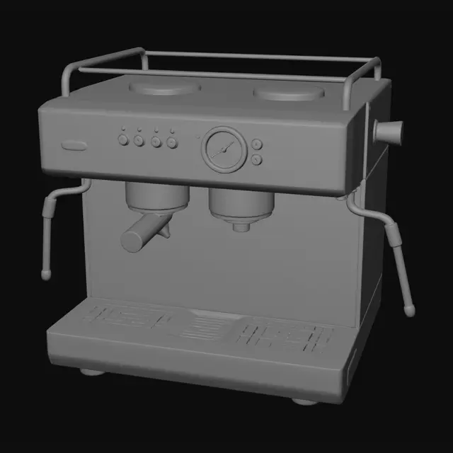 3D model for professional espresso machine,
stainless steel body,
portafilter, pressure gauge,
steam wand on the side,
cafe equipment,
clean white background,
PBR textures, game asset,
high quality, detailed