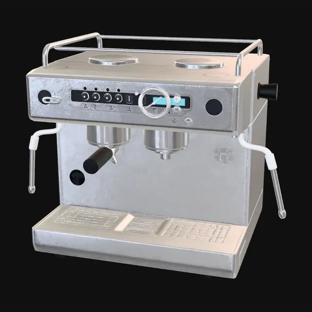 3D model for professional espresso machine,
stainless steel body,
portafilter, pressure gauge,
steam wand on the side,
cafe equipment,
clean white background,
PBR textures, game asset,
high quality, detailed