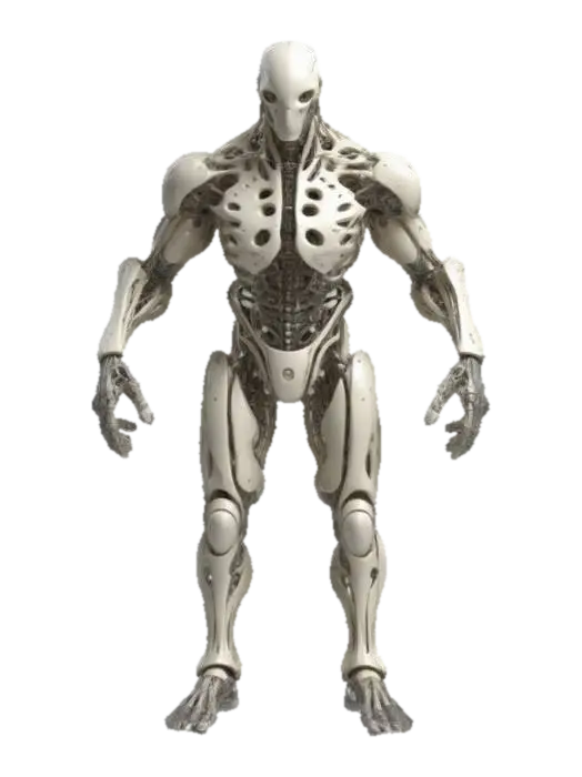 3D model for A sleek, asymmetrical biomechanical warrior with intertwined bone-like structures and thin membranes. Its elongated limbs, sharp edges, and perforated details create a fusion of organic and mechanical aesthetics, giving it a powerful and futuristic look.