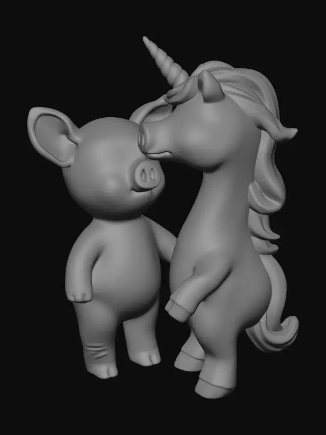 3D model for Quiero dos figuritas: una en forma de cerdito y otra en forma de unicornio; al estilo kawaii. El unicornio lo quiero con la crin y el cuerno en color arcoiris, y el cerdito de color rosa palo, repito en estilo kawaii. Quiero que sean una pareja y se esten dando un beso de amor. Los quiero de un tamaño aproximado de 12-15cm de altura.