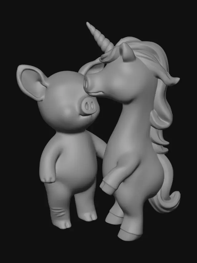 3D model for Quiero dos figuritas: una en forma de cerdito y otra en forma de unicornio; al estilo kawaii. El unicornio lo quiero con la crin y el cuerno en color arcoiris, y el cerdito de color rosa palo, repito en estilo kawaii. Quiero que sean una pareja y se esten dando un beso de amor. Los quiero de un tamaño aproximado de 12-15cm de altura.