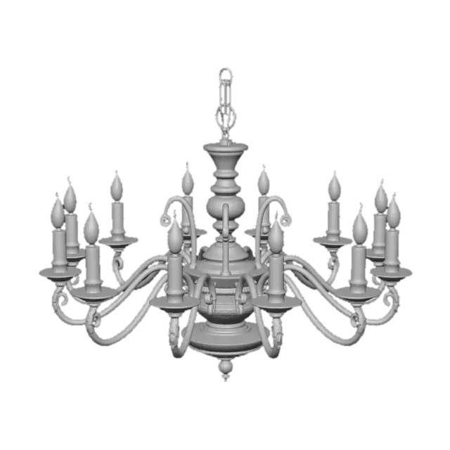 3D model for A realistic antique mansion chandelier, candle-style hanging from the ceiling with chain included. Classic elegant chandelier for an old horror mansion entrance, dining room, and parlor. Aged brass or bronze metal, multiple curved arms, candle holders with wax candles, slightly worn and dusty, textured, realistic, not fantasy, not overly ornate, clear silhouette, suitable for a survival horror game environment prop.