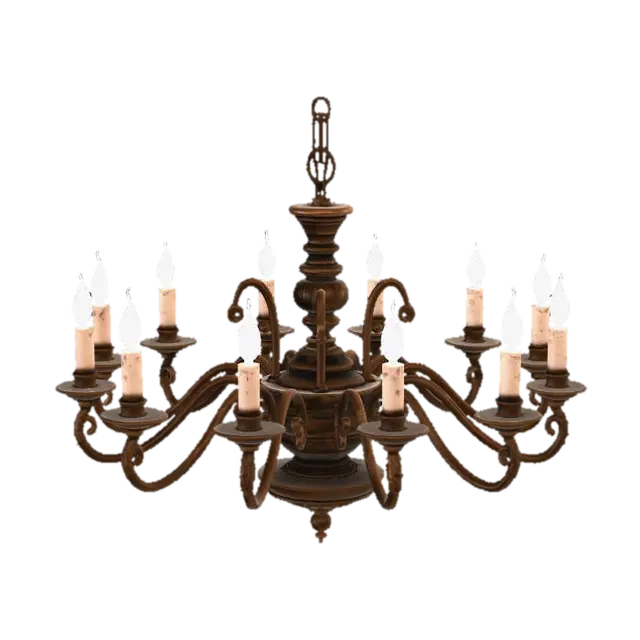 3D model for A realistic antique mansion chandelier, candle-style hanging from the ceiling with chain included. Classic elegant chandelier for an old horror mansion entrance, dining room, and parlor. Aged brass or bronze metal, multiple curved arms, candle holders with wax candles, slightly worn and dusty, textured, realistic, not fantasy, not overly ornate, clear silhouette, suitable for a survival horror game environment prop.