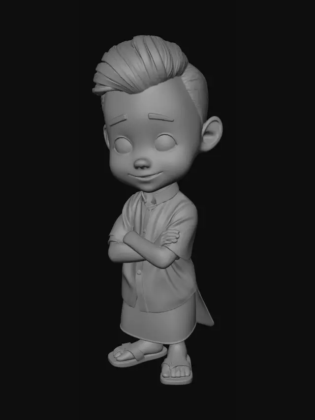 3D model for "A cute 3D cartoon style boy, Isekai fantasy protagonist, wearing a crisp white shirt and a traditional Burmese longyi with vibrant checkered patterns, stylized proportions, big expressive eyes, glowing skin tone, vibrant and saturated colors, high-contrast textures, Pixar-inspired style, professional 3D render, smooth cartoon shading."