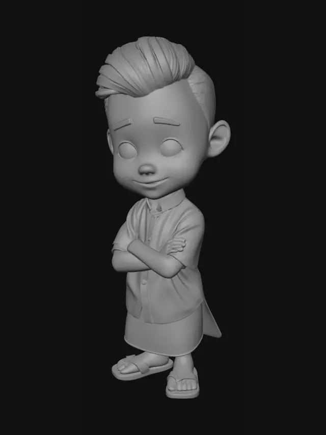 3D model for "A cute 3D cartoon style boy, Isekai fantasy protagonist, wearing a crisp white shirt and a traditional Burmese longyi with vibrant checkered patterns, stylized proportions, big expressive eyes, glowing skin tone, vibrant and saturated colors, high-contrast textures, Pixar-inspired style, professional 3D render, smooth cartoon shading."