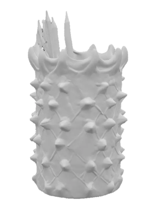 3D model for Уникальная подставка для карандашей имеет цилиндрическую форму, слегка сужающуюся к верхнему краю. Ее поверхность полностью покрыта тщательно проработанной чешуей, имитирующей кожу дракона или динозавра. Множество острых, угловатых шипов выступают по всей поверхности, придавая ей внушительный, но захватывающий вид. Темные, переливающиеся чешуйки отливают оттенками глубокого зеленого и коричневого, напоминая о затвердевшем, кожистом материале. Ощущения от прикосновения были бы грубыми и неровными, с отчетливыми рельефными контурами каждой чешуйки и острыми кончиками шипов.
