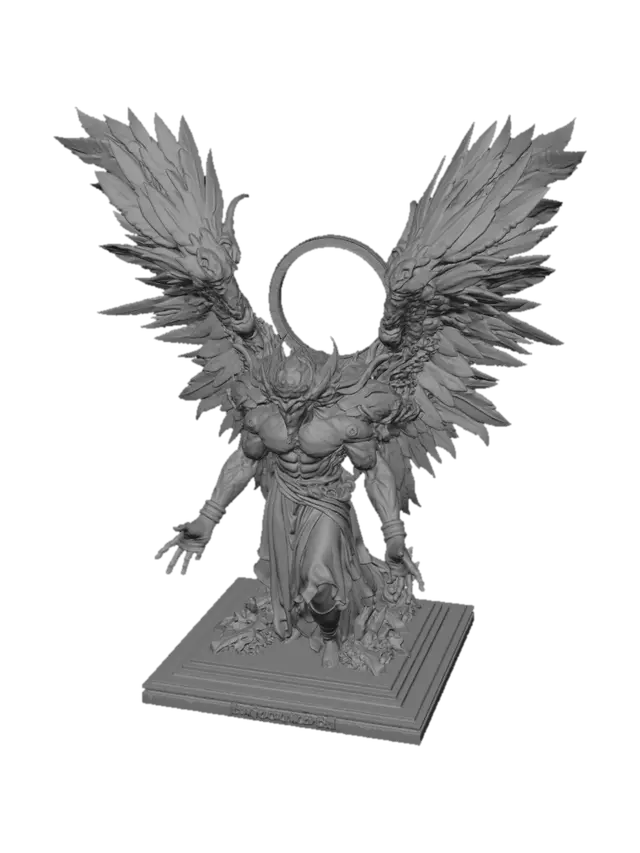 3D model for Gustave Doré style biblically accurate Angel. Multiable wings, multiable eyes. Grand size towering over a small silhouette of a person. Bright, cloudy gray scale sky. Colored in grayscale with hints of red on Angel. Highly detailed, 4k, realistic, grotesque art style
