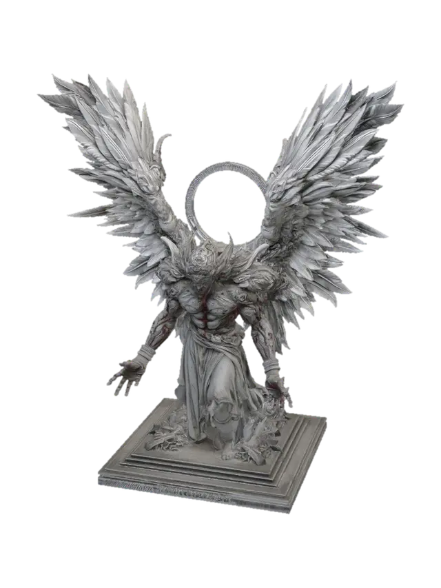 3D model for Gustave Doré style biblically accurate Angel. Multiable wings, multiable eyes. Grand size towering over a small silhouette of a person. Bright, cloudy gray scale sky. Colored in grayscale with hints of red on Angel. Highly detailed, 4k, realistic, grotesque art style