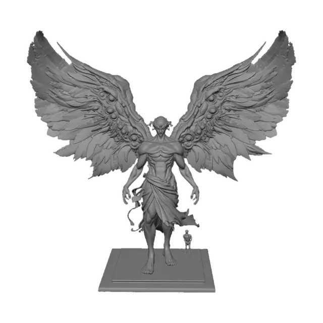 3D model for Gustave Doré style biblically accurate Angel. Multiable wings, multiable eyes. Grand size towering over a small silhouette of a person. Bright, cloudy gray scale sky. Colored in grayscale with hints of red on Angel. Highly detailed, 4k, realistic, grotesque art style