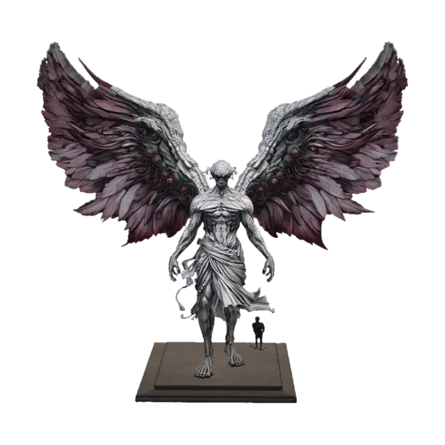 3D model for Gustave Doré style biblically accurate Angel. Multiable wings, multiable eyes. Grand size towering over a small silhouette of a person. Bright, cloudy gray scale sky. Colored in grayscale with hints of red on Angel. Highly detailed, 4k, realistic, grotesque art style