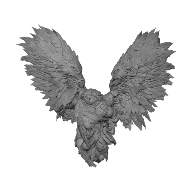 3D model for Gustave Doré style biblically accurate Angel. Multiable wings, multiable eyes. Grand size towering over a small silhouette of a person. Bright, cloudy gray scale sky. Colored in grayscale with hints of red on Angel. Highly detailed, 4k, realistic, grotesque art style