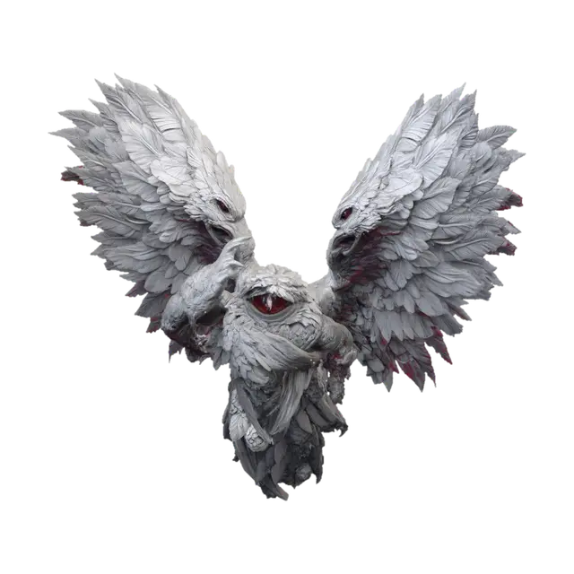 3D model for Gustave Doré style biblically accurate Angel. Multiable wings, multiable eyes. Grand size towering over a small silhouette of a person. Bright, cloudy gray scale sky. Colored in grayscale with hints of red on Angel. Highly detailed, 4k, realistic, grotesque art style