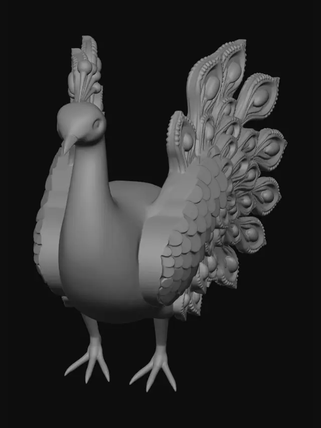 3D model for A highly detailed left-facing profile of a jewelry peacock, side view silhouette, elegant S-curve neck, closed layered tail feathers cascading down smoothly, deep embossed 3D relief carving, 22k matte antique gold texture, sharp filigree lines, solid flat back, optimized for jewelry casting.
