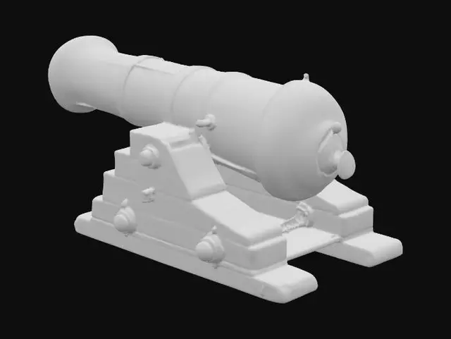 3D model for A huge naval cannon, crafted from iron, displaying a heavily water damaged rusty surface . The rugh, cylindrical barrel feature subtle banding. Barnicles growing on all over the barrel. It rests on a heavily water damaged , dark brown wooden robust platform. The metallic surfaces offer a cool, sleek tactile quality, contrasting with the corroded and heavily water damaged extremly aged, roughly textured feel of the wooden components, all reflecting an abandoned feel.