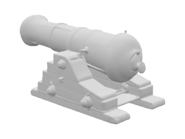 3D model for A huge naval cannon, crafted from iron, displaying a heavily water damaged rusty surface . The rugh, cylindrical barrel feature subtle banding. Barnicles growing on all over the barrel. It rests on a heavily water damaged , dark brown wooden robust platform. The metallic surfaces offer a cool, sleek tactile quality, contrasting with the corroded and heavily water damaged extremly aged, roughly textured feel of the wooden components, all reflecting an abandoned feel.