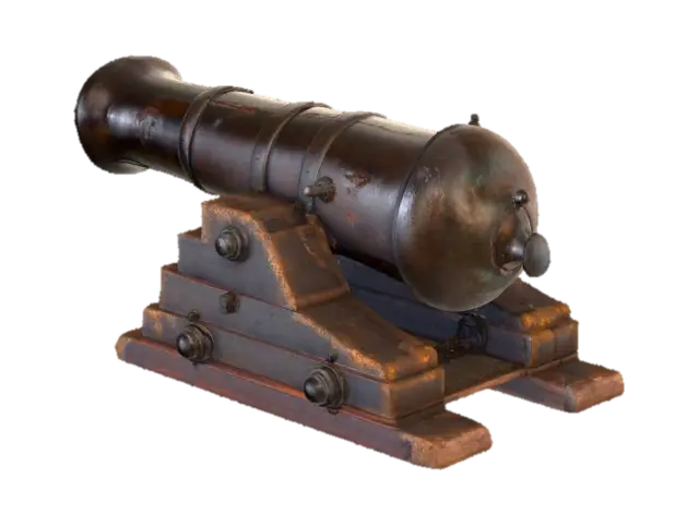 3D model for A huge naval cannon, crafted from iron, displaying a heavily water damaged rusty surface . The rugh, cylindrical barrel feature subtle banding. Barnicles growing on all over the barrel. It rests on a heavily water damaged , dark brown wooden robust platform. The metallic surfaces offer a cool, sleek tactile quality, contrasting with the corroded and heavily water damaged extremly aged, roughly textured feel of the wooden components, all reflecting an abandoned feel.