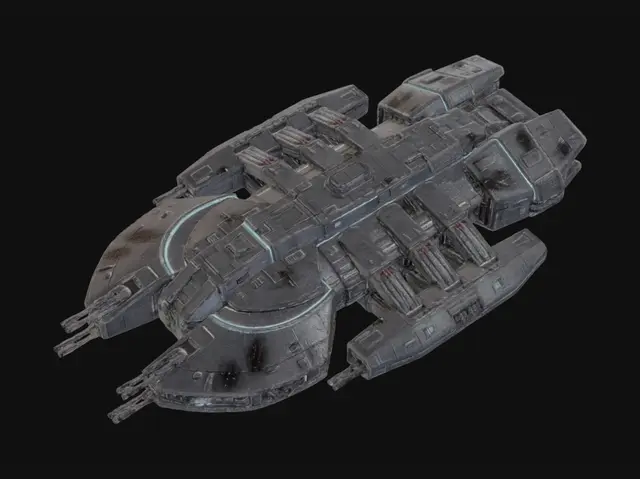 3D model for generate a large Battlestar Galactica starship with cannons and missile launchers