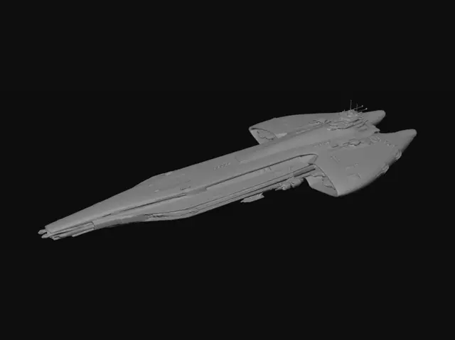 3D model for Design a colossal military starship with a long, streamlined central hull and two gracefully integrated landing bays or hangars along its sides. The vessel should have a sleek, aerodynamic profile—emphasizing smooth curves, flowing lines, and seamlessly blended armor plating. Include visible weapon emplacements and functional mechanical details, but maintain an elegant, cohesive design. The ship should look formidable yet refined, built for space combat and carrying a fleet of smaller craft, with subtle signs of use and resilience.