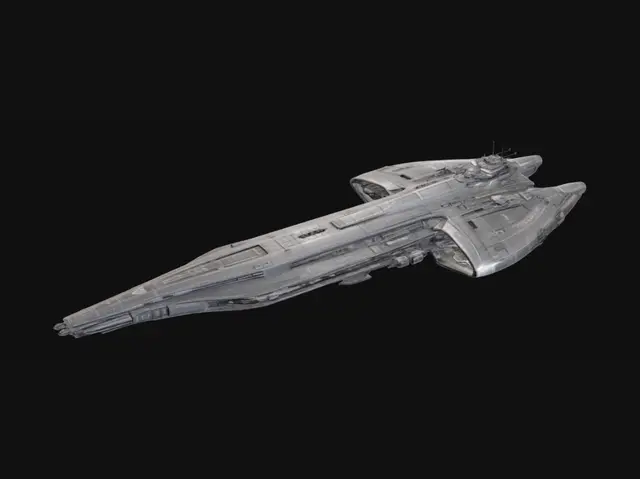 3D model for Design a colossal military starship with a long, streamlined central hull and two gracefully integrated landing bays or hangars along its sides. The vessel should have a sleek, aerodynamic profile—emphasizing smooth curves, flowing lines, and seamlessly blended armor plating. Include visible weapon emplacements and functional mechanical details, but maintain an elegant, cohesive design. The ship should look formidable yet refined, built for space combat and carrying a fleet of smaller craft, with subtle signs of use and resilience.