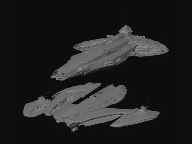 3D model for Design a colossal military starship with a long, streamlined central hull and two gracefully integrated landing bays or hangars along its sides. The vessel should have a sleek, aerodynamic profile—emphasizing smooth curves, flowing lines, and seamlessly blended armor plating. Include visible weapon emplacements and functional mechanical details, but maintain an elegant, cohesive design. The ship should look formidable yet refined, built for space combat and carrying a fleet of smaller craft, with subtle signs of use and resilience.