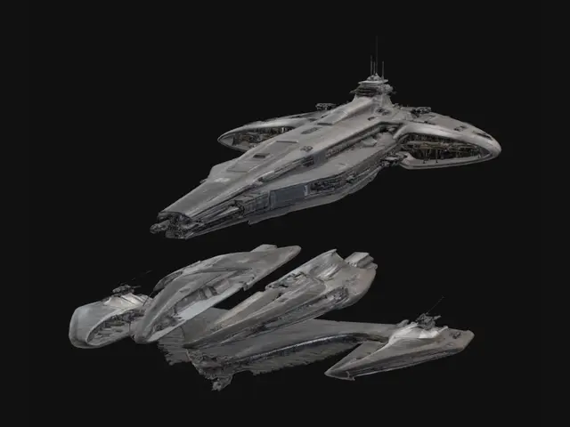 3D model for Design a colossal military starship with a long, streamlined central hull and two gracefully integrated landing bays or hangars along its sides. The vessel should have a sleek, aerodynamic profile—emphasizing smooth curves, flowing lines, and seamlessly blended armor plating. Include visible weapon emplacements and functional mechanical details, but maintain an elegant, cohesive design. The ship should look formidable yet refined, built for space combat and carrying a fleet of smaller craft, with subtle signs of use and resilience.