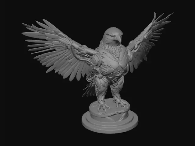 3D model for A majestic cybernetic bald eagle, science fiction style, half biological half mechanical, glowing neon blue eyes, chrome and titanium plating on wings and body, exposed circuitry and wiring, bioluminescent feathers with electric energy arcs, dark atmospheric background with holographic data streams, dramatic studio lighting, ultra detailed, cinematic, concept art