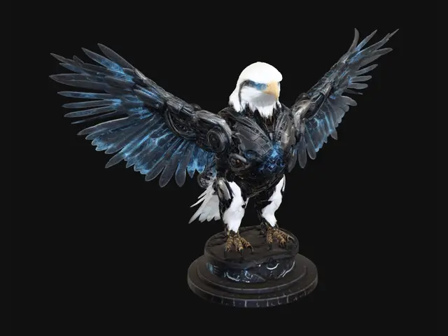 3D model for A majestic cybernetic bald eagle, science fiction style, half biological half mechanical, glowing neon blue eyes, chrome and titanium plating on wings and body, exposed circuitry and wiring, bioluminescent feathers with electric energy arcs, dark atmospheric background with holographic data streams, dramatic studio lighting, ultra detailed, cinematic, concept art