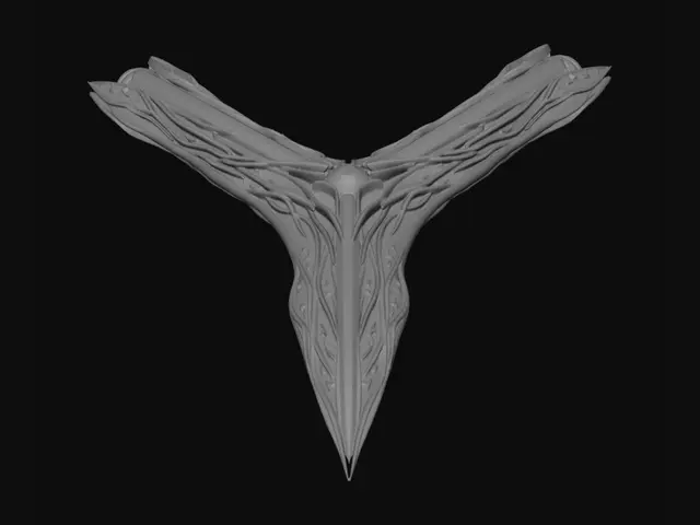 3D model for Redesign the alien Y-shaped starship destroyer from the first image. Keep the same sleek organic alien aesthetic with teal and violet glowing energy veins and alien script engravings. Move the engines to the tips of the V part — the two upper prongs — with large glowing engine exhausts blazing at both upper prong tips, emitting bright blue-purple plasma thrust. The single lower prong of the Y is the forward weapon spike/bow with no engines. The core junction glows with energy. Top-down view clearly showing the full Y shape, dark space background, cinematic lighting.
