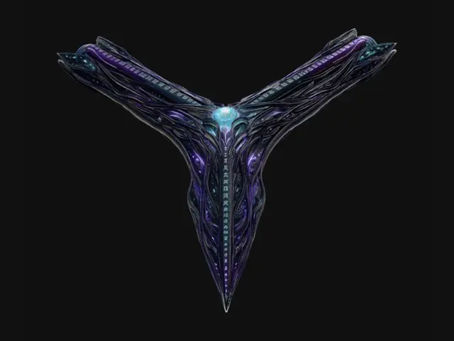 3D model for Redesign the alien Y-shaped starship destroyer from the first image. Keep the same sleek organic alien aesthetic with teal and violet glowing energy veins and alien script engravings. Move the engines to the tips of the V part — the two upper prongs — with large glowing engine exhausts blazing at both upper prong tips, emitting bright blue-purple plasma thrust. The single lower prong of the Y is the forward weapon spike/bow with no engines. The core junction glows with energy. Top-down view clearly showing the full Y shape, dark space background, cinematic lighting.