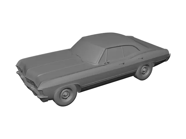 3D model for A sleek, jet black 1967 Chevy Impala, its iconic long body gleaming with a high-gloss finish and the hood securely closed. Polished chrome bumpers and trim gleam against the dark paint, highlighting its classic lines and dual headlights. The smooth, cold metal surface reflects its surroundings, while the sturdy frame suggests immense power and a timeless, elegant design with a refined, tactile quality.