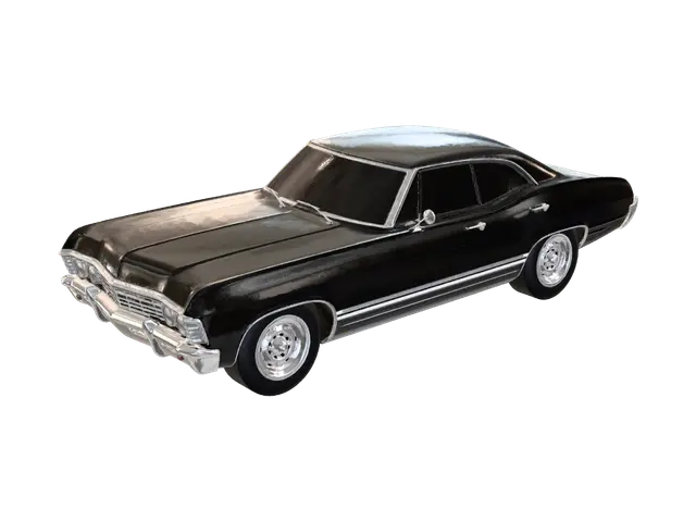 3D model for A sleek, jet black 1967 Chevy Impala, its iconic long body gleaming with a high-gloss finish and the hood securely closed. Polished chrome bumpers and trim gleam against the dark paint, highlighting its classic lines and dual headlights. The smooth, cold metal surface reflects its surroundings, while the sturdy frame suggests immense power and a timeless, elegant design with a refined, tactile quality.