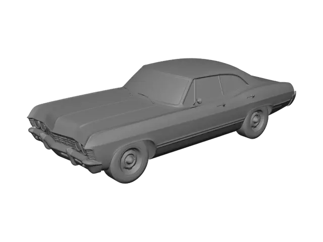 3D model for A sleek, jet black 1967 Chevy Impala, its iconic long body gleaming with a high-gloss finish and the hood securely closed. Polished chrome bumpers and trim gleam against the dark paint, highlighting its classic lines and dual headlights. The smooth, cold metal surface reflects its surroundings, while the sturdy frame suggests immense power and a timeless, elegant design with a refined, tactile quality.