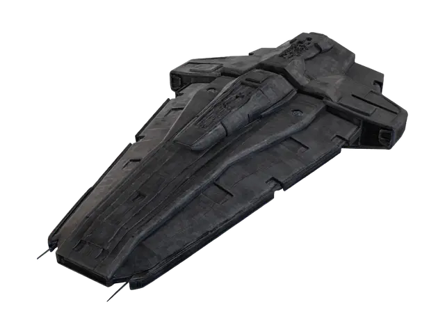 3D model for A complete view of a dark gray, very-long hull, and angular, very sleek, super-wide hull, smooth angular armored sides; super long, wide and angular starship; thick armor shielded, spinal direct energy superweapon; brand new with no signs of rust