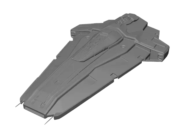 3D model for A complete view of a dark gray, very-long hull, and angular, very sleek, super-wide hull, smooth angular armored sides; super long, wide and angular starship; thick armor shielded, spinal direct energy superweapon; brand new with no signs of rust