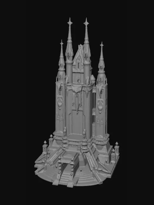 3D model for A massive, tall, science fiction imperial palace, with a pyramid-like base, adorned with gothic spires, banners, and subtle futuristic elements. Suggestion: For better 3D results, ensure that the golden statues and banners have distinct forms and are clearly separated from the building's surface, enhancing their relief.
