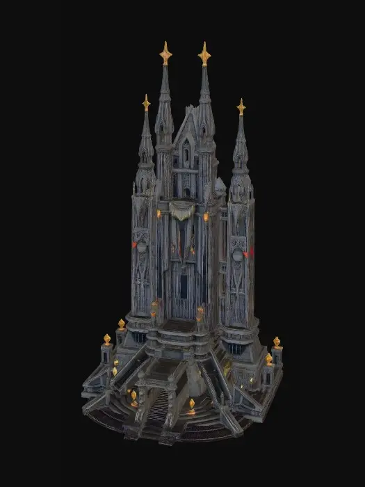 3D model for A massive, tall, science fiction imperial palace, with a pyramid-like base, adorned with gothic spires, banners, and subtle futuristic elements. Suggestion: For better 3D results, ensure that the golden statues and banners have distinct forms and are clearly separated from the building's surface, enhancing their relief.