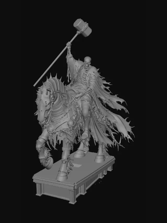 3D model for A skeleton warrior in flowing red robes riding a massive heavily armored warhorse with full plate metal barding and spiked pauldrons, wielding a giant war hammer raised high. Dark fantasy apocalyptic style, blood red moon background, dramatic cinematic lighting, deep crimson and bone white color palette, dark charcoal environment, painterly digital art, heroic pose on stone pedestal, undead fallen figures on ground, same art style as reference