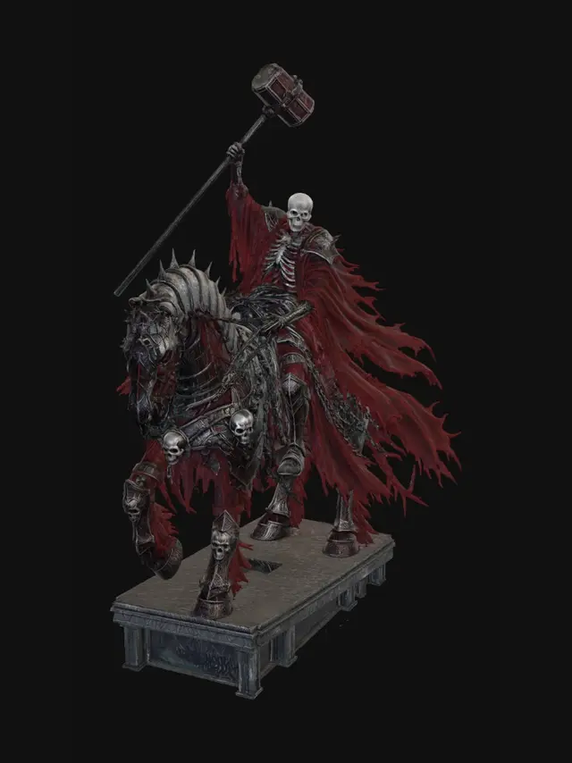 3D model for A skeleton warrior in flowing red robes riding a massive heavily armored warhorse with full plate metal barding and spiked pauldrons, wielding a giant war hammer raised high. Dark fantasy apocalyptic style, blood red moon background, dramatic cinematic lighting, deep crimson and bone white color palette, dark charcoal environment, painterly digital art, heroic pose on stone pedestal, undead fallen figures on ground, same art style as reference