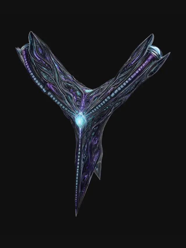 3D model for Redesign the alien Y-shaped starship destroyer from the first image. Keep the same sleek organic alien aesthetic with teal and violet glowing energy veins and alien script engravings. Move the engines to the tips of the V part — the two upper prongs — with large glowing engine exhausts blazing at both upper prong tips, emitting bright blue-purple plasma thrust. The single lower prong of the Y is the forward weapon spike/bow with no engines. The core junction glows with energy. Top-down view clearly showing the full Y shape, dark space background, cinematic lighting.
