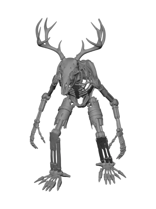 3D model for A terrifying steampunk wendigo, a gaunt, skeletal creature constructed from tarnished brass, dark steel, and worn leather. Its spindly limbs feature exposed clockwork mechanisms and piston-driven joints, emanating wisps of steam. A deer-like skull, adorned with intricate copper antlers and glowing, gear-filled eyes, completes its menacing form, imparting a cold, metallic, yet organically horrifying tactile presence.