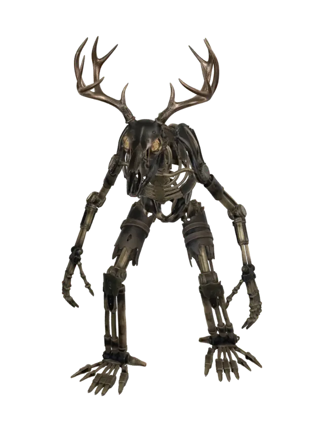 3D model for A terrifying steampunk wendigo, a gaunt, skeletal creature constructed from tarnished brass, dark steel, and worn leather. Its spindly limbs feature exposed clockwork mechanisms and piston-driven joints, emanating wisps of steam. A deer-like skull, adorned with intricate copper antlers and glowing, gear-filled eyes, completes its menacing form, imparting a cold, metallic, yet organically horrifying tactile presence.