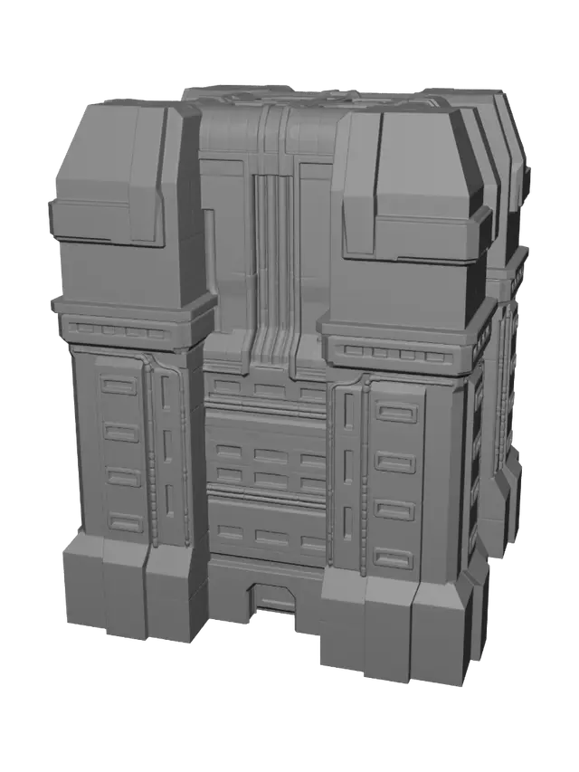 3D model for A towering cyberpunk palace, a brutalist monument of pitted durasteel and synth-concrete, sharply angular and imposing. Its immense facade is crisscrossed by glowing neon conduits and recessed plasma windows, casting electric blues and purples. Grimy metallic textures contrast with sleek, polished black surfaces. The structure exudes a cold, formidable grandeur, blending industrial grit with opulent Star Wars-era technology.